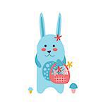 Bunny Picking Flowers Creative Funny And Cute Flat Design Vector Illustration In Simplified Mulicolor Style On White Background