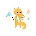 Fox Catching The Butterflies Creative Funny And Cute Flat Design Vector Illustration In Simplified Mulicolor Style On White Background