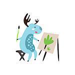 Deer Painting A Picture Creative Funny And Cute Flat Design Vector Illustration In Simplified Mulicolor Style On White Background
