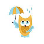 Owl With Umbrella Under Rain Creative Funny And Cute Flat Design Vector Illustration In Simplified Mulicolor Style On White Background