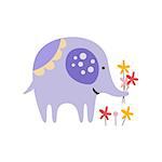 Purple Elephant Picking Flowers Creative Funny And Cute Flat Design Vector Illustration In Simplified Mulicolor Style On White Background