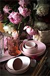 Pink peonies on table, close-up