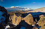 Shadows over rocks in snowy landscape