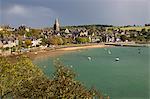 View over fishing village on River Rance, Saint-Suliac, Brittany, France, Europe