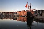 Vieux Bassin looking to Saint Catherine Quay with replica galleon at dawn, Honfleur, Normandy, France, Europe