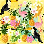 Tropical Seamless Pattern with pelicans, toucans, pineapples and tropical flowers.