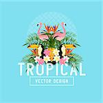 Tropical Summer Vector. Tropic elements including flamingos, Palms, Toucans, Bird of paradise flowers and pineapples