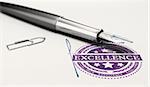 Excellence mark imprinted on a paper texture with signature and fountain pen. Concept image of personnal success and excellent business service. 3D illustration.