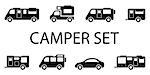 isolated black camper van icons on white background