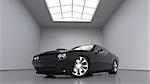 Powerful black conceptual sports car. Bright large room around