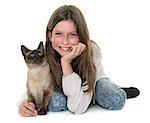 child and siamese cat in front of white background