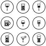 round glass and goblet icon set on white background