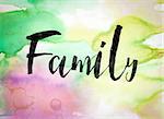 The word "Family" written in black paint on a colorful watercolor washed background.