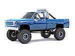 A large blue pickup truck off-road. Full off-road training. Highly raised suspension. Huge wheels with large spikes for rocks and mud. 3d illustration