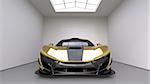 Sports car front view. The image of a sports yellow car on a studio room. 3d illustration