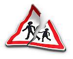 Broken road sign with two characters separated over white background. 3D illustration of road accident and excess speed.