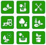 set of garden green icons with white concept silhouette symbols