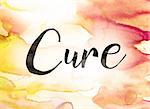 The word "Cure" written in black paint on a colorful watercolor washed background.