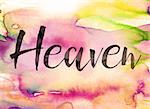 The word "Heaven" written in black paint on a colorful watercolor washed background.