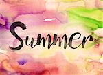 The word "Summer" written in black paint on a colorful watercolor washed background.