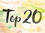 The words "Top 20" written in black paint on a colorful watercolor washed background.