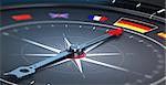 3D illustration of a compass with the needle pointing the german flag. Concept of germany excursion or tour.