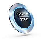 3D illustration of a pushbutton where it is written future start with blue light over white background. Concept image for illustration of life change or strategic vision.