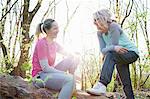 Women in forest sitting on fallen tree face to face smiling