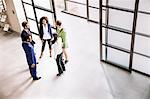 High angle view of businessmen and women talking at office entrance