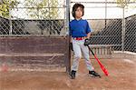 Boy leaning against fence with baseball bat at practise on baseball field