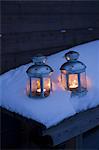 Sweden, Sodermanland, Stockholm County, Dalaro, Close-up of glowing lantern in snow