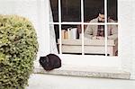 Facing view of hipster man working at desk at window