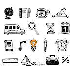 Doodle vector school and educational icons on white background, set 2