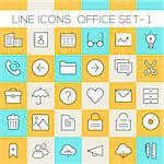 Thin line office icons on colored squares, set 1