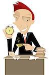 Businessman or a manager carries the clock and reminds that it is time for a cup of coffee