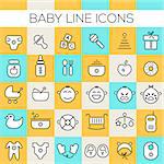 Thin line baby icons on colored squares