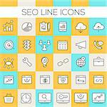 Thin line SEO icons on colored squares