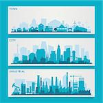 Vector horizontal banners skyline Kit with various parts of city - factories, refineries, power plants and small towns or suburbs. Illustration divided on layers for create parallax effect