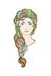 Beautiful girl with intricately patterned, zentangle braid and bright eyes. Vector portrait. Rainbow locks.