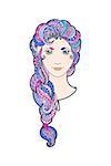 Beautiful girl with intricately patterned, zentangle braid and bright eyes. Vector portrait. Pink locks.