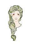 Beautiful girl with intricately patterned, zentangle braid and bright eyes. Vector portrait. Algae locks.