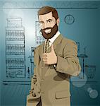 Vector hipster business man with beard shows well done