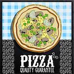 promotional image of pizza on a plaid background to be used in a pizzeria