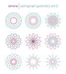 Vector linear spirograph circles, spiral emblems, abstract round design shapes in pink and blue