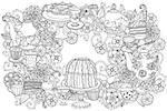 Orient floral black and white  ornament. With elements of time for tea, cups, teapot, cake and cupcakes. Could be use  for adult coloring book  in zenart style.
