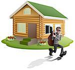 Thief robbed house. Man robber running with bag. Property insurance. Illustration in vector format
