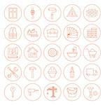 Line Building and Construction Icons Set. Vector Set of Modern Thin Outline Icons of Industrial Tools Circle Shaped Isolated over White Background.