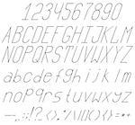 A complete set of letters, numbers and punctuation marks. An italic font. Chopped font. Thin and high.