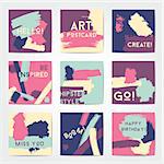 Abstract brushed hipster postcards, art vector design templates in bright colors