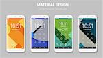 Trendy mobile smartphone UI kit, material geometric backgrounds. Welcome, lock and home page screens